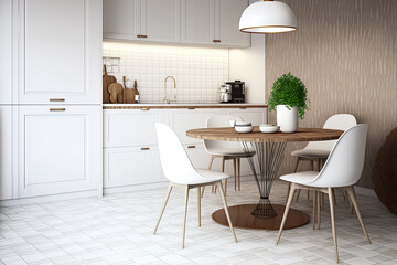 White and wooden walls, a tiled floor, and a round dining table with white seats make up one elegant kitchen corner. Generative AI