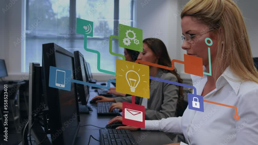 Poster animation of network of connections with icons over business people using computers
