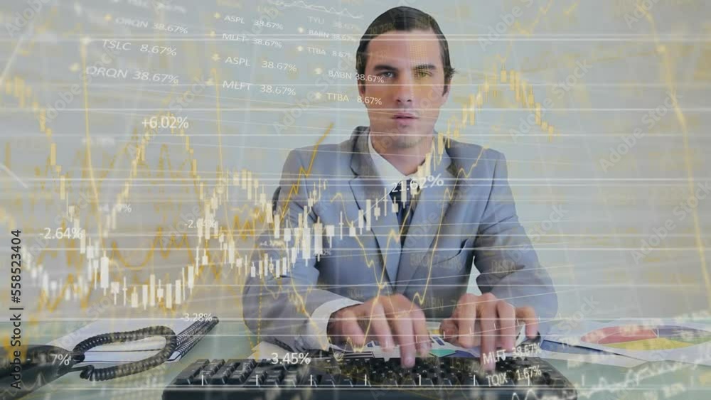 Aufkleber animation of financial data processing over caucasian businessman using computer