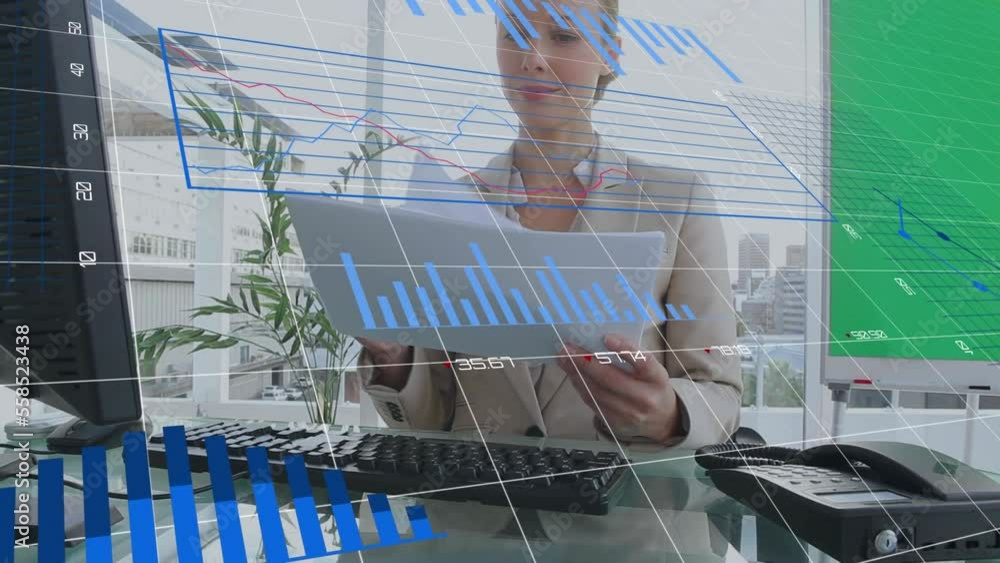 Aufkleber animation of financial data processing over caucasian businesswoman using computer