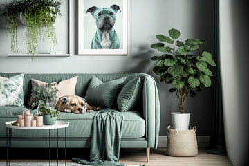 Modern apartment's chic Scandinavian living room with a mint sofa, a unique coffee table, furnishings, plants, and stylish accents. A lovely puppy is curled up on the couch. Decor for the home