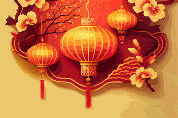 Chinese New Year red background with hanging lanterns