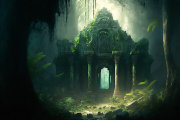 Fantasy jungle ancient temple scene AI Generative	 - obrazy, fototapety, plakaty