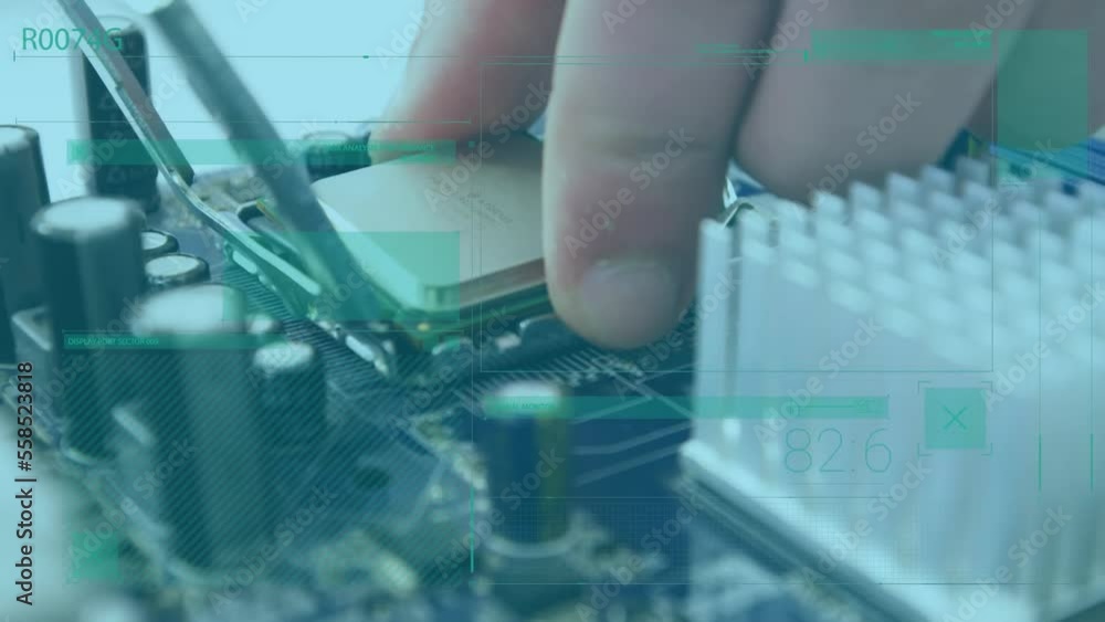Aufkleber animation of data processing over man's hand and computer circuit board