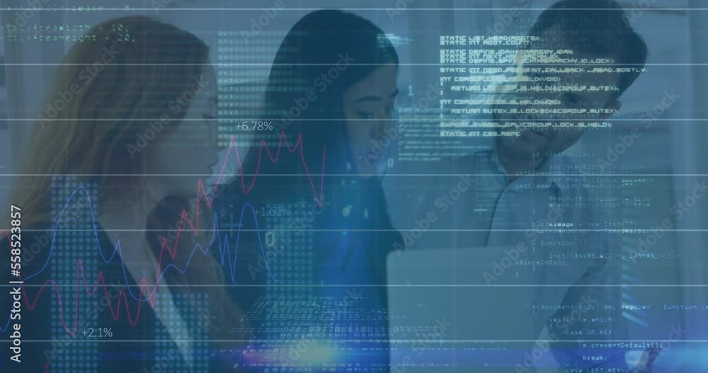 Poster animation of graphs, binary codes, computer language over diverse coworkers sharing ideas in office