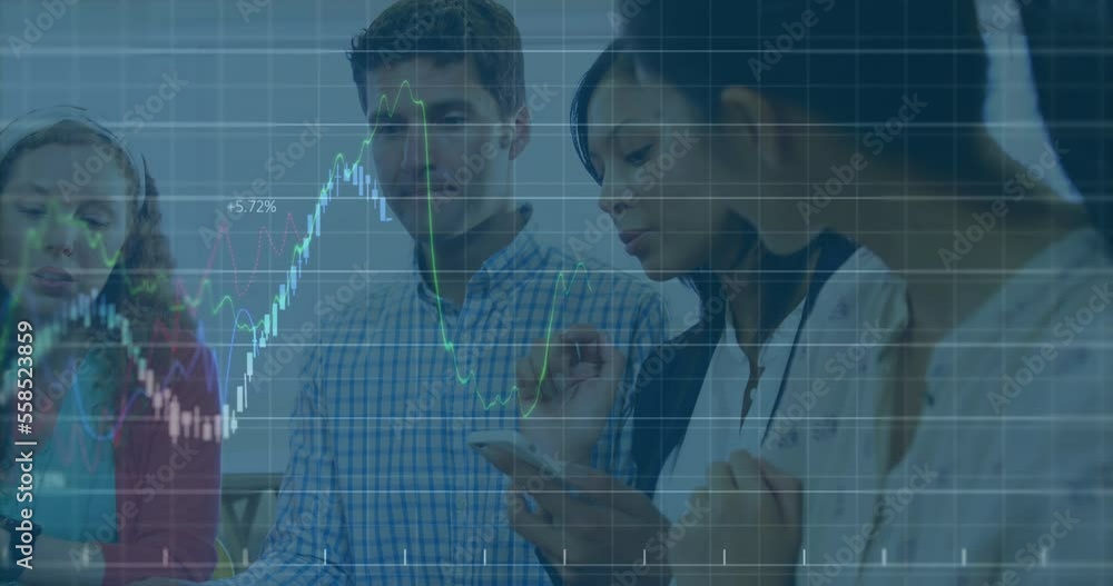 Aufkleber animation of graphs and numbers on grid pattern over diverse coworkers discussing report on laptop