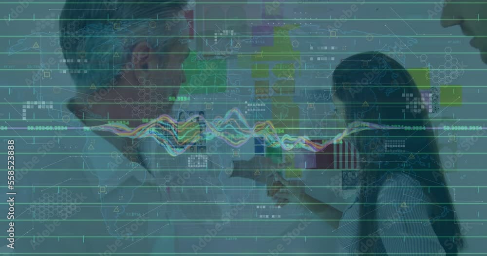 Poster animation of multiple graphs, numbers over diverse coworkers examining color palette on white board
