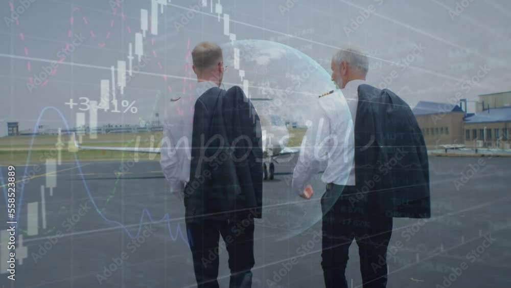 Poster animation of globe, binary coding and data processing over caucasian businessmen