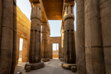 The Great Hypostyle Hall at the ancient Karnak Temple with giant sandstone columns in the form of...