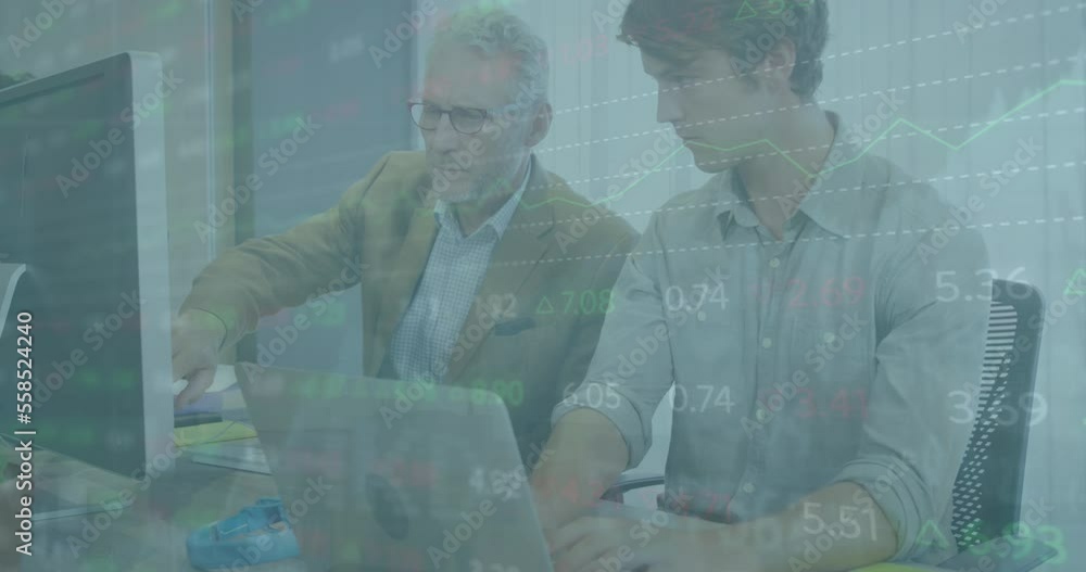 Poster Animation of financial data processing over diverse business people using computer in office