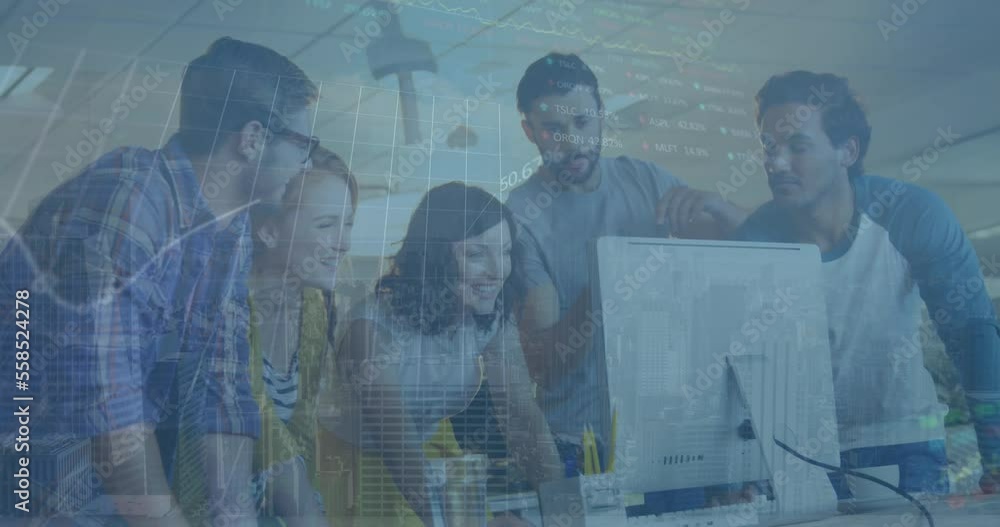 Poster animation of financial data processing over diverse business people using computer in office