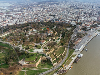 Aerial top view to Kalemegdan fortress at Belgrade. Summer photo from drone. Serbia