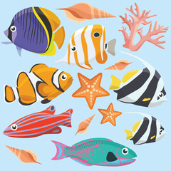 Colorful coral fishes vector art