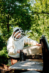 Beekeeper in a protective suit works with honeycombs in an apiary. Beekeeping in the countryside. Organic farming