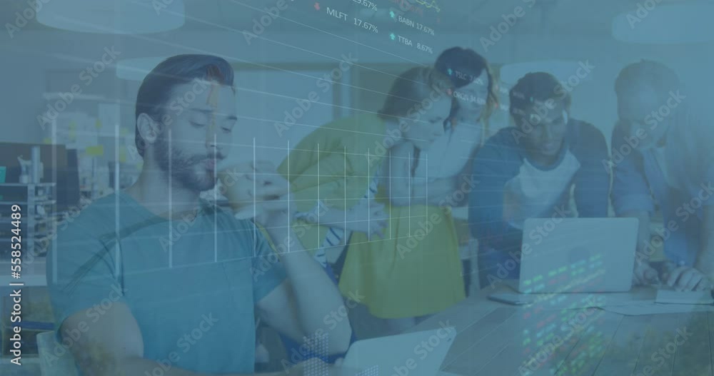 Poster animation of financial data processing over diverse business people using computer in office