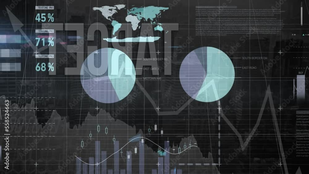 Poster animation of infographic interface, target text and graphs over aerial view of cityscape