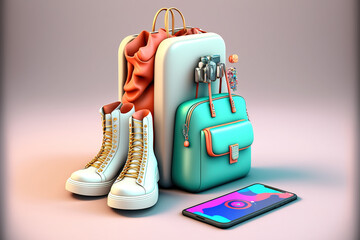 Online shopping concept. Realistic 3d illustration. Fashion on internet, Design element for web or banner design. Virtual clothing and fashion in metaverse (ai generated)
