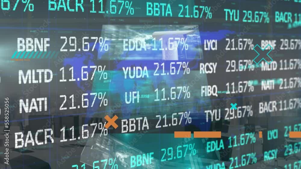 Poster animation of trading board, multiple infographic interface and map over empty meeting room of office
