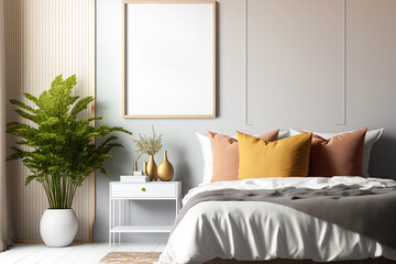 Bedroom interior background with mockup frame and soft pastel hues. Generative AI