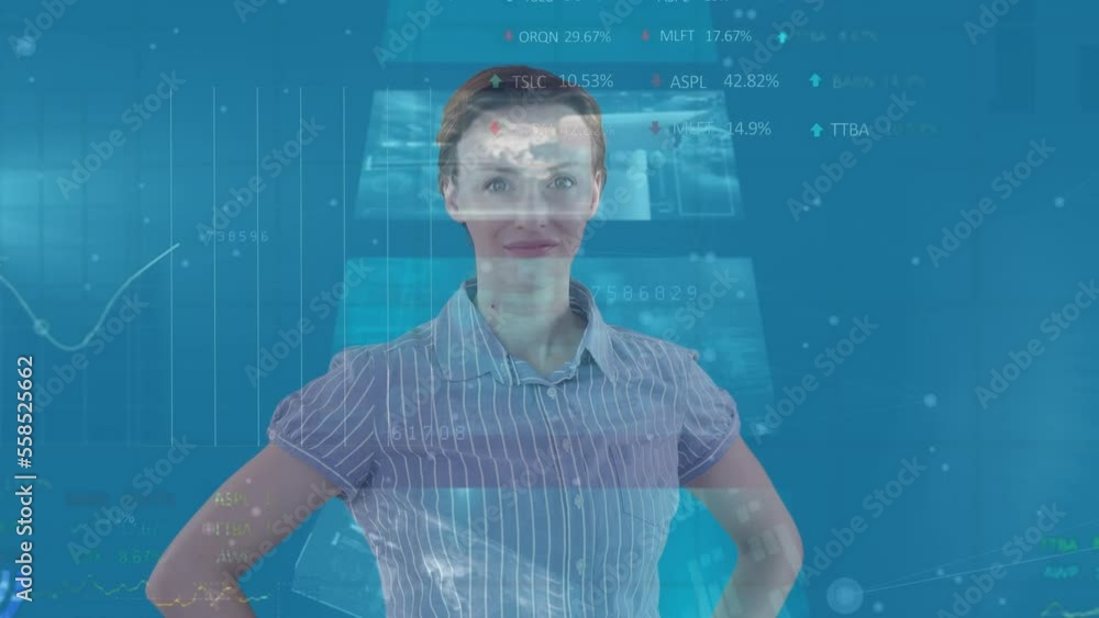 Poster animation of multiple interface over caucasian woman using futuristic technology