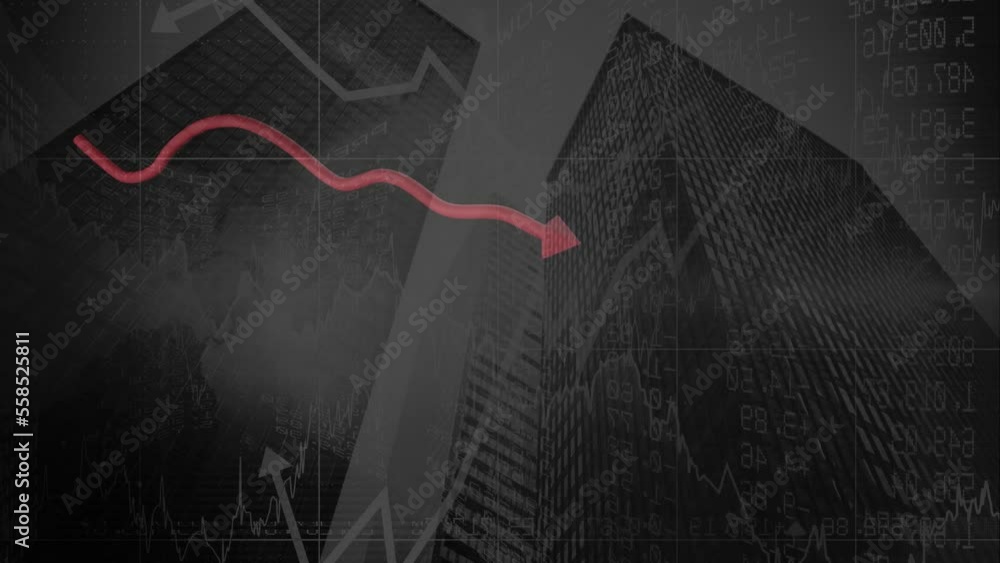 Aufkleber animation of red line and financial data processing over cityscape