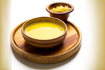 Pure ghee, cooking oil, and clarified butter in a wooden basin all have a white background. Clarified butter on a white background with text copy space. looking up. Generative AI