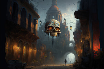 illustration of fantasy city for Mexican Day of the Dead
