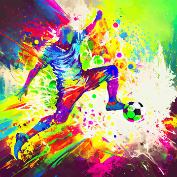 colorful abstract soccer player kicking the ball