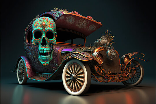 illustration of a car painted for Mexican Day of the Dead