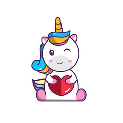 Illustration of cute unicorn character holding a heart