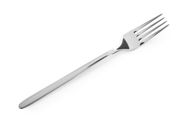 One shiny metal fork isolated on white, top view