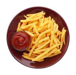 Tasty french fries with ketchup isolated on white, top view