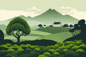  artwork of a green tea plantation scene. Flat rural farming fields, a terraced tea plantation, green hills, and a distant peak are shown in a cartoon. Asian agricultural history. Generative AI - obrazy, fototapety, plakaty