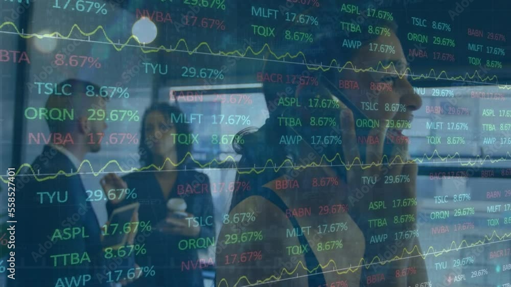 Aufkleber animation of statistics and data processing over caucasian businesswoman using smartphone