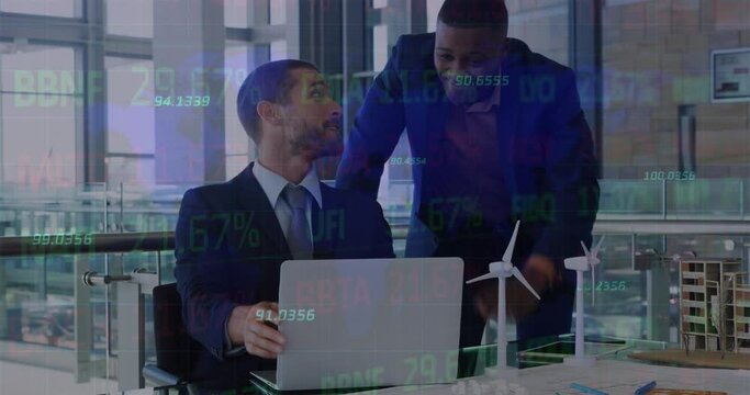 Animation of stock market data processing over two diverse businessmen discussing at office