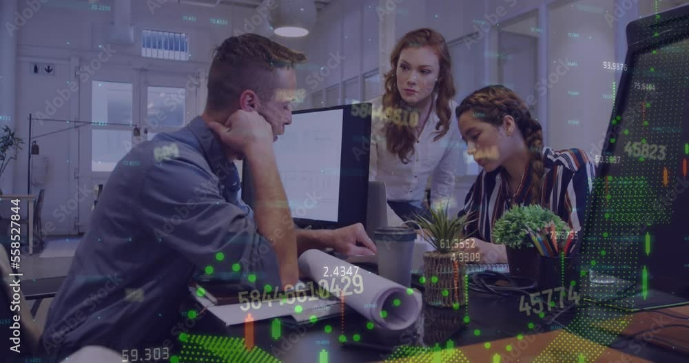 Poster animation of statistics and data processing over diverse business people working in office