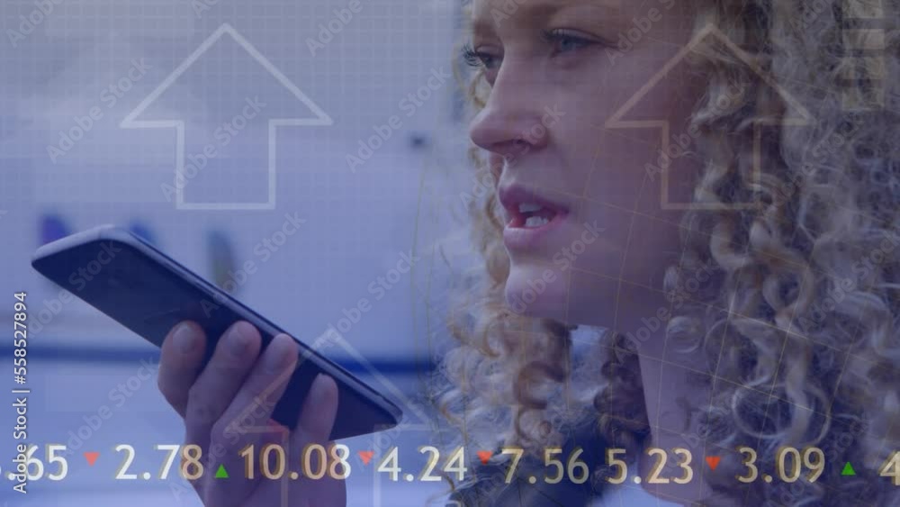 Poster animation of arrows and data processing over caucasian businesswoman using smartphone