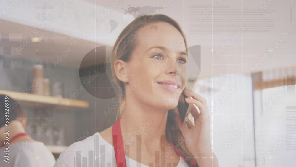 Poster animation of statistics and data processing over caucasian woman using smartphone