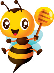 Cartoon cute smiling bee cartoon holding honey dipper with fresh honey on it. Bee character open legs wider with sharp bee stinger