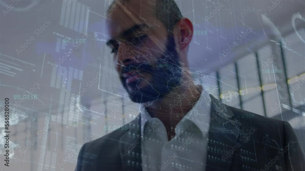 Poster animation of statistics and data processing over biracial businessman at airport