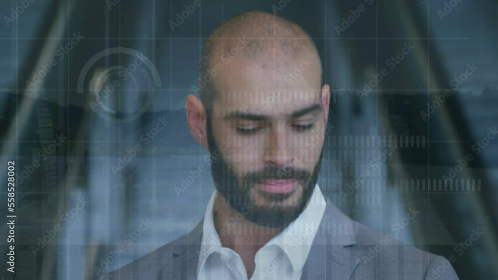 Aufkleber animation of statistics and data processing over biracial businessman at airport