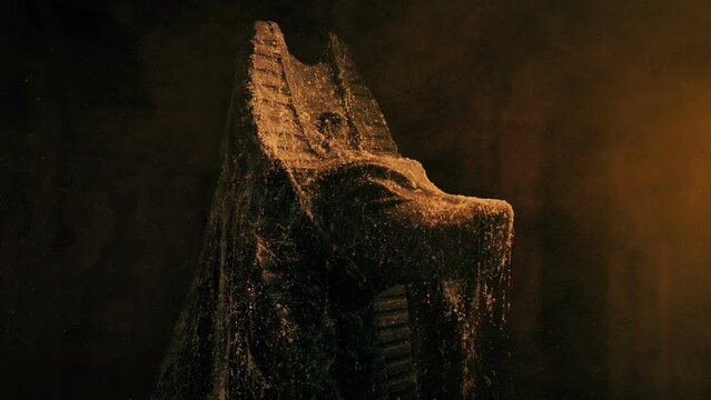 Egyptian Statue In Tomb At Sunset In Cobwebs And Dust