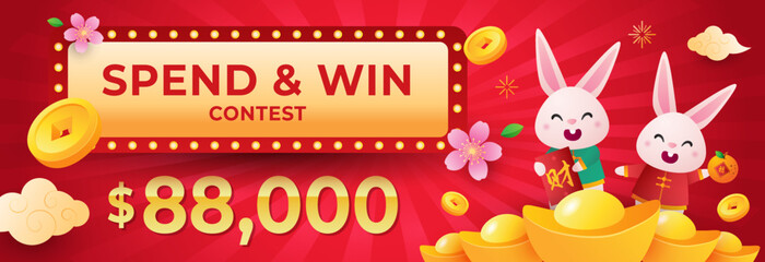 Fototapeta premium CNY Spend and Win Contest Banner. Cheerful rabbit with chinese gold ingot, coins, blossom, cloud and lightbulb style title box