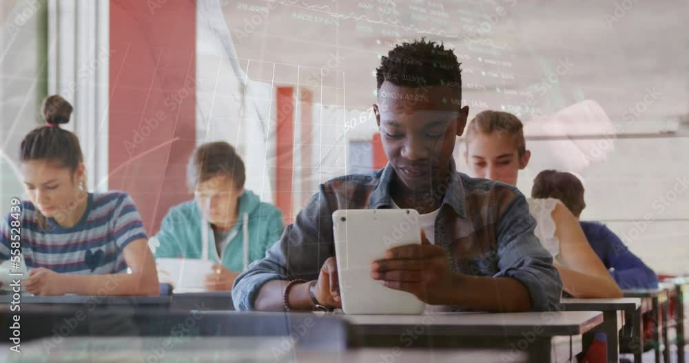 Poster animation of graphs and trading board over multiracial students using digital tablet in classroom
