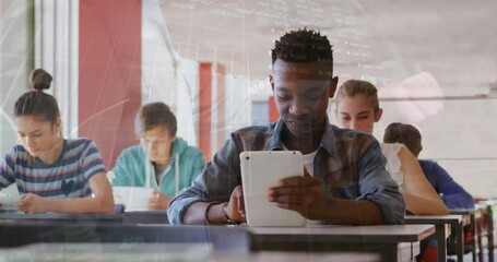 Animation of graphs and trading board over multiracial students using digital tablet in classroom - Powered by Adobe