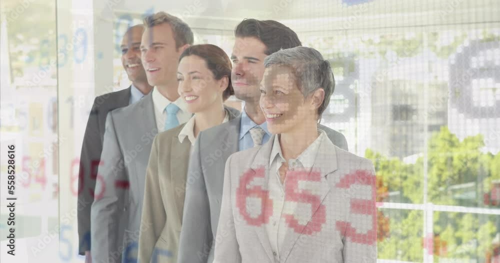 Poster animation of trading board over diverse smiling coworkers standing in row at office