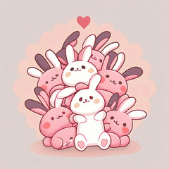 Obraz premium Cute bunnies on top of each others, kawaii character style. Valentine's day card design.