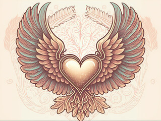 Winged heart, vintage vector style, beige and blue colors.