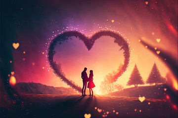 Fototapeta na wymiar Silhouette of a couple almost kissing, fantasy sunset background with a heart shape. Valentine's day banner illustration. Generative AI.