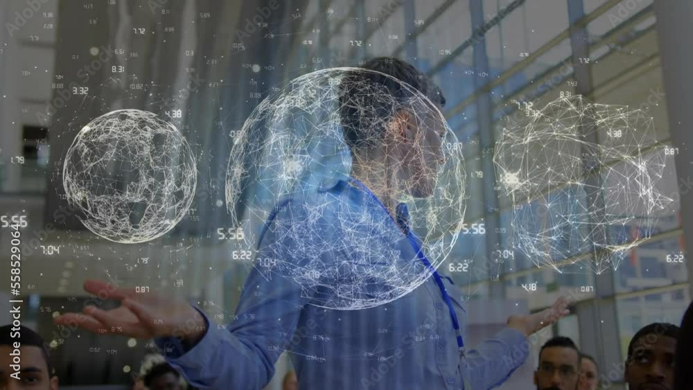 Poster animation of globes with connections and data processing over diverse business people in office
